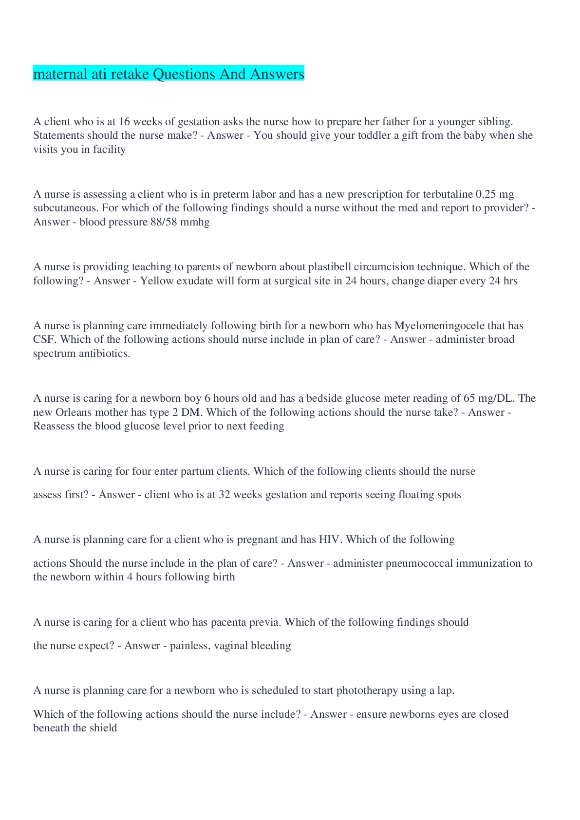 Preview image for maternal ati retake Questions And Answers 2022/2023